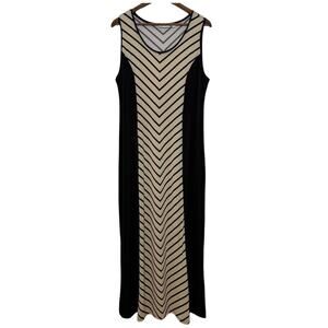 Susan Graver Dress Womens Large Black Beige Chevron Stripe Sleeveless Maxi Long